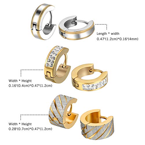 Aroncent Stainless Steel Hoop Earrings: 3-8 Pairs Men Small Hoop Huggie Hinged Earrings Set for Men Women 4mm Valentine Day Gifts - color: B-3PCS-Gold series
