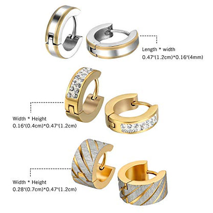 Aroncent Stainless Steel Hoop Earrings: 3-8 Pairs Men Small Hoop Huggie Hinged Earrings Set for Men Women 4mm Valentine Day Gifts - color: B-3PCS-Gold series