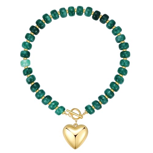 Chunky Heart Necklaces for Women Colorful Resin Beaded Necklaces for Women Gold Puffy Heart Statement Necklace Trendy Acrylic Choker Jewelry Gift - color: Deep Green