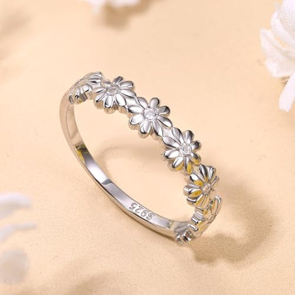 MILACOLATO 925 Sterling Silver Rings for Women Dainty CZ Daisy Flower Ring | 18K White Gold Plated Daisy Promise Ring for Her, Cute Sunflower Wedding Band Statement Engagement Ring, Mothers Jewelry Gift - color: 18K White Gold Plated Daisy Ring - Clear CZ