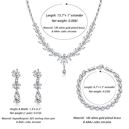 Jewelry Set for Women, Cubic Zirconia Necklace Dangle Earrings & Bracelet Jewelry Set for Bride Bridesmaid Wedding Engagement Prom Party - style: Silver-Necklace+Bracelet+Earrings