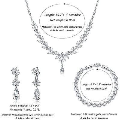 Jewelry Set for Women, Cubic Zirconia Necklace Dangle Earrings & Bracelet Jewelry Set for Bride Bridesmaid Wedding Engagement Prom Party - style: Silver-Necklace+Bracelet+Earrings