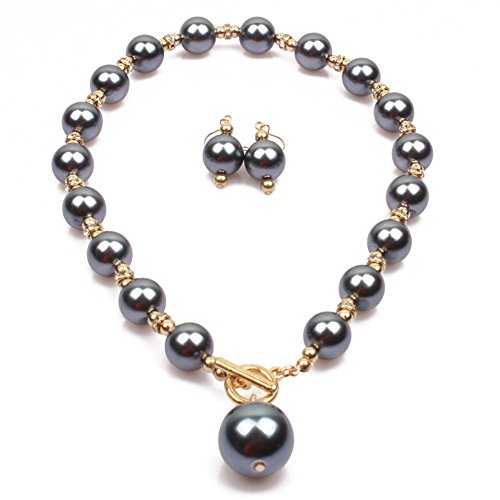 COLORFUL BLING Chunky Multicolor Simulated Pearl Choker Necklace Drop Dangle Earrings Bracelet Set Crystal Bib Big Large Round Beaded Strand for Women Brides Costume Statement 1920s Wedding Jewelry - color: Gray
