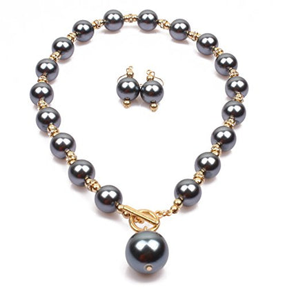 COLORFUL BLING Chunky Multicolor Simulated Pearl Choker Necklace Drop Dangle Earrings Bracelet Set Crystal Bib Big Large Round Beaded Strand for Women Brides Costume Statement 1920s Wedding Jewelry - color: Gray