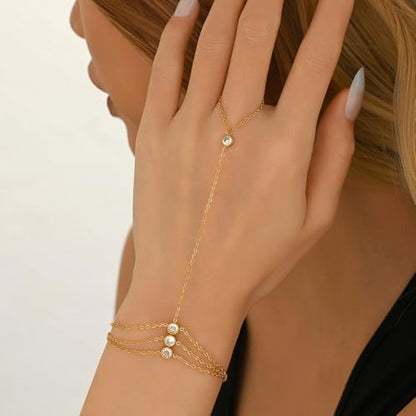 Gold Hand Chain Bracelet for Women 18K Gold Plated Stainless Steel Ring Bracelet Hand Chain with Pearl Star CZ Adjustable Hand Jewelry Chain Gifts - color: Y 3Layered CZ-Gold