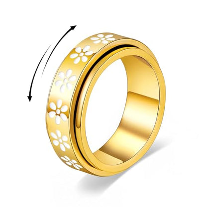 Fidget Anxiety Rings for Women 14K Gold Silver Plated Spinner Band Ring 8mm Thick Stainless Steel Statement Rings Jewelry Gifts Size 6-10 - color: Gold-Flower