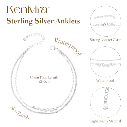 Kenivira 925 Sterling Silver Ankle Bracelets For Women Dainty Layered Waterproof 18K Gold Plated Anklets For Women Beach Adjustable Anklet Foot Jewellery - color: Silver