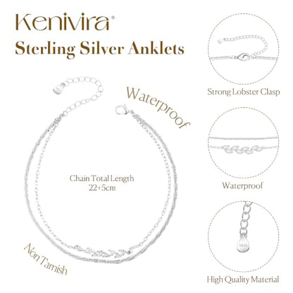 Kenivira 925 Sterling Silver Ankle Bracelets For Women Dainty Layered Waterproof 18K Gold Plated Anklets For Women Beach Adjustable Anklet Foot Jewellery - color: Silver