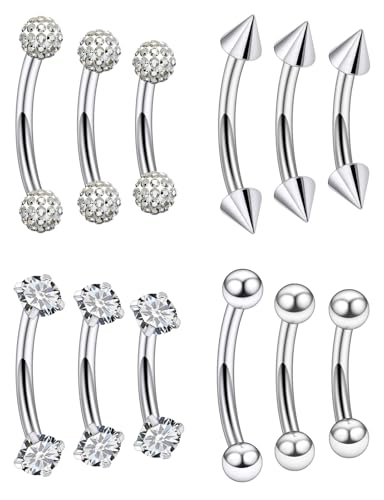 Oufksiyy 18G 16G Internal Thread Eyebrow & Rook Piercing Jewelry Surgical Steel Double Gem Eyebrow Piercings Rings Gold Silver Curved Barbell Eyebrow Ring Vertical Labret Lip Jewelry 6m 8mm 10mm - color: Silver: 18G curved barbell