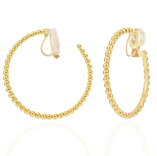 FAN&LOUIS 24K Gold Plated Hoop Clip On Earrings for Women, Gold Beaded Hoop Trendy Hypoallergenic Non Pierced Earrings Painless Lightweight 38mm Clip-On Earrings - style: Gold