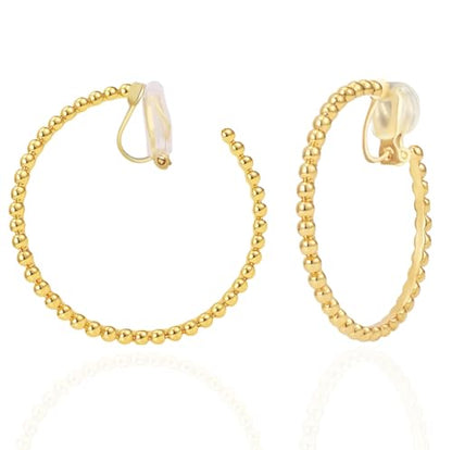 FAN&LOUIS 24K Gold Plated Hoop Clip On Earrings for Women, Gold Beaded Hoop Trendy Hypoallergenic Non Pierced Earrings Painless Lightweight 38mm Clip-On Earrings - style: Gold