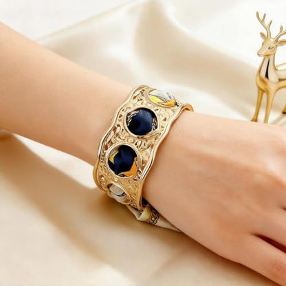 Gold Cuff Bracelets for Women, Boho Western Scarf Bracelet with Ribbon Bow, Adjustable Open Bangle Hair Tie Bracelet, Blue Paisley Bandana Wrist Cuff, Stainless Steel Vacation Festival Jewelry - color: a5:pink