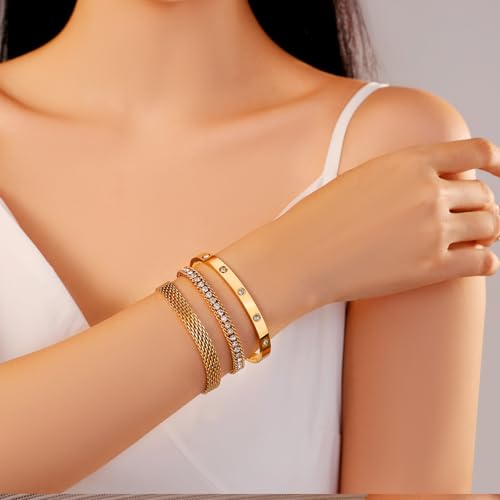 18K Gold Plated Bangle Bracelet Set for women,Cubic Zirconia Classic Stainless Steel Adjustable Gold Tennis Love Bracelets Stack for women and men - color: CZ and Wristband Set