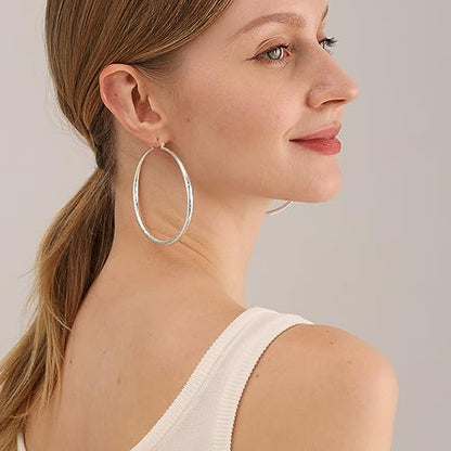 OOOPEL 925 Sterling Silver Hoop for Women Gold Hoop Earrings Hypoallergenic Diamond-Cut Ripples Designed - Non Tarnish Large Hoop Earrings(30/40/50/60/70mm) - color: Silver-70mm