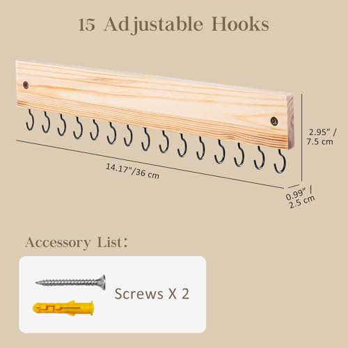 Lolalet Wooden Necklace Holder for Wall with 15 Hooks -Nature | Wall Mount Jewelry Hangers for Necklaces, Chains, Bracelets and Earrings, Tangle-free, Easy to Install - color: Nature