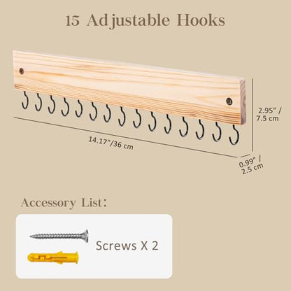 Lolalet Wooden Necklace Holder for Wall with 15 Hooks -Nature | Wall Mount Jewelry Hangers for Necklaces, Chains, Bracelets and Earrings, Tangle-free, Easy to Install - color: Nature