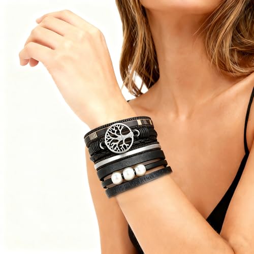 Leather Wrap Bracelets for Women, Boho Leopard Multi-Layer Crystal Beads Cuff Jewelry - color: J-Warp-002