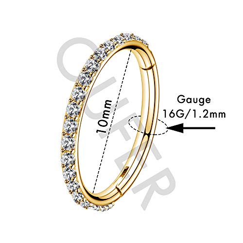 OUFER Gold Hinged Segment Earring Hoop 16G Stainless Steel with Cartilage Earrings Clear CZ Paved Tragus Helix Earrings Cartilage Earring Septum Nose Ring Hoop - color: Gold Plated-10mm diameter