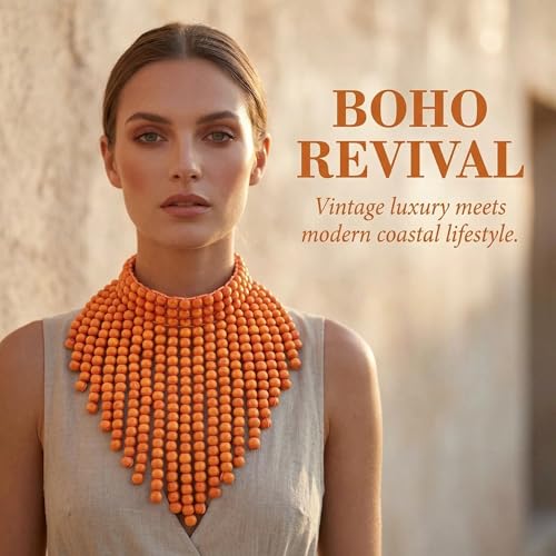 Coiris Boho African Wooden or Acrylic Beaded Bib Statement Necklace Strands Layered Cluster Chunky Collar Choker Wood Necklace for Women Fashion Costume Jewelry - color: Orange