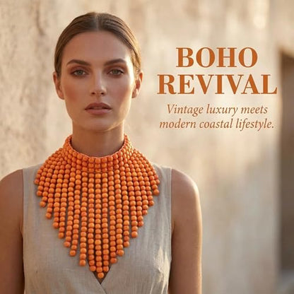 Coiris Boho African Wooden or Acrylic Beaded Bib Statement Necklace Strands Layered Cluster Chunky Collar Choker Wood Necklace for Women Fashion Costume Jewelry - color: Orange