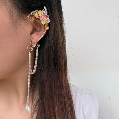 Elf Ear Cuffs, OwMell Handcraft Silver Pointed Fairy Elven Cosplay Fantasy Costume Bridal Wedding Earrings for Non Pierced Ears - style: Colorful Flowers with Pendant