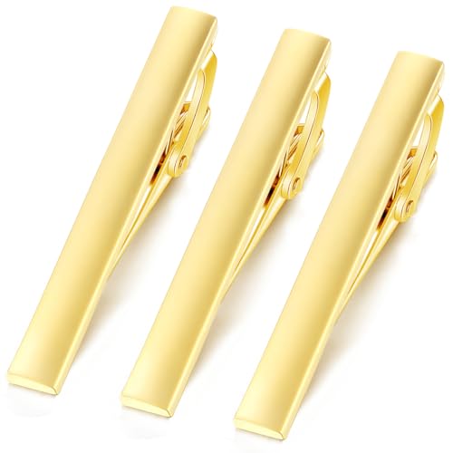 HONEY BEAR 2.12" Standard Tie Clip Bar 3-Piece Set for Men Wedding Business | Classic Minimalist, Steel-Plated Copper Base, Gift-Boxed, Thickened, Rounded Corners, Easy to Slide On, No Snag or Wrinkle - style: Matte Gold without box