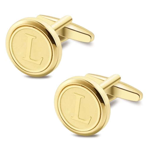 Initial Letter A-Z Cufflinks for Men Silver/Gold/Black Cufflinks 26 Alphabet Letter Copper Cufflinks for Formal Occasions Gifts Anniversary Business Wedding for Bridegroom Groomsmen - size: Gold, style: Initial: L
