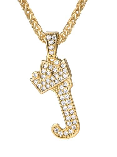 U7 Crown Initial Necklace Men Women, Bling Diamond A-Z 0-9 Letter Pendant with Wheat Chain, Silver/Black/Gold Plated CZ Alphabet Number Hip Hop Jersery for Father Husband - color: a. Gold, size: 10. J