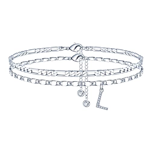 Ursteel Ankle Bracelets for Women, 14K-Gold-Plated Dainty Layered Chain CZ Initial Anklets Set Summer Jewelry Gifts for Women - style: L-Silver-Plated