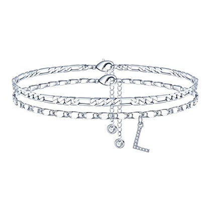 Ursteel Ankle Bracelets for Women, 14K-Gold-Plated Dainty Layered Chain CZ Initial Anklets Set Summer Jewelry Gifts for Women - style: L-Silver-Plated