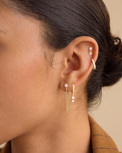 Gold Silver Earrings for Women Trendy 14K Gold Plated Dangle Hypoallergenic Cartilage Earrings Small 925 Sterling Silver Post Dainty Hoop Drop Pearl Earring Stacks Set Huggie Chain Earrings Jewelry - color: A-Pearl Earrings-Gold