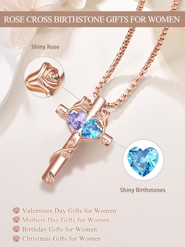Rose Gold Cross Necklace with 2 Birthstones and Rose | Cross with Birthstone Necklace, Hypoallergenic, Adjustable Rolo Chain, Birthday Gifts, Catholic Christian Religious Jewelry - color: 06-12-Jun-Dec Birthstone