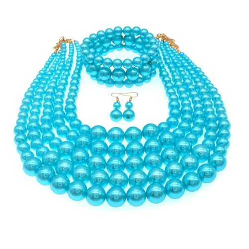 Faux Big Pearl Srand Necklaces for Women 5 Layers Pearls Choker Bib Collar Necklace Bracelet and Earrings set 1920s Costume Pearl Jewelry Bridal Wedding - color: light blue