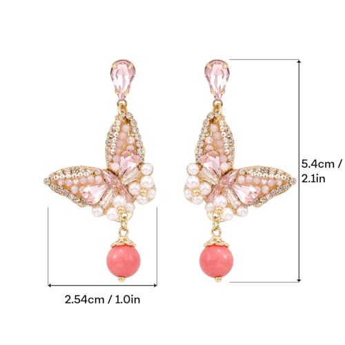 Fringe Dangling Tassel Earrings for Women, Handcrafted Chandelier Long Bohemian Beaded Cubic Zirconia Crystal Imitation Pearls Inlay Statement Boho Chain Hook Earrings for Wedding Party - color: Pink White Drop