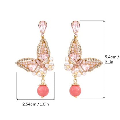Fringe Dangling Tassel Earrings for Women, Handcrafted Chandelier Long Bohemian Beaded Cubic Zirconia Crystal Imitation Pearls Inlay Statement Boho Chain Hook Earrings for Wedding Party - color: Pink White Drop