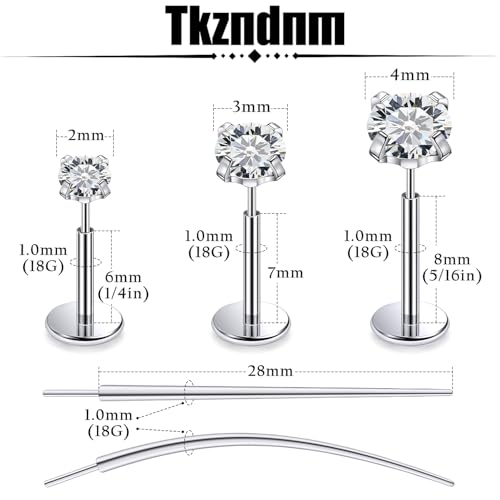 F136 Titanium 20/18/16G Earrings Nose Lip Rings Medusa Tragus Cartilage Helix Labret Flat Back Threadless Implant Grade Stud Piercing Jewelry for Women - color: White CZ, size: 18g*6/7/8mm*2/3/4mm