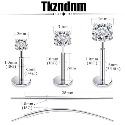 F136 Titanium 20/18/16G Earrings Nose Lip Rings Medusa Tragus Cartilage Helix Labret Flat Back Threadless Implant Grade Stud Piercing Jewelry for Women - color: White CZ, size: 18g*6/7/8mm*2/3/4mm