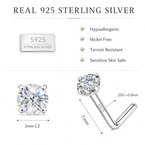 LUCKYJEWUS 925 Sterling Silver Nose Rings Studs for Women Men, 18G / 20G / 22G / 24G L Shaped Nose Stud Nose Piercing Jewelry - size: 2mm CZ, 20 gauge