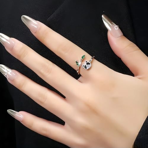 Adjustable Leaf Stackable Rings for Women Cubic Zirconia Stones Blue Leaves Purple Flower Open Band Stacking Finger Sliver Rings Fashion Plant Floral Aesthetic CZ Jewelry - color: bamboo panda