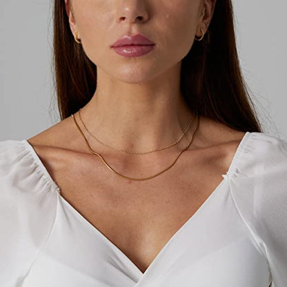 Herringbone Choker Necklace Set Double Layer Snake Chain Herringbone Chain Necklace Layering Necklace Set Cuban Chain Necklace for Women - style: 1.5mm Snake+ Ochain-GD