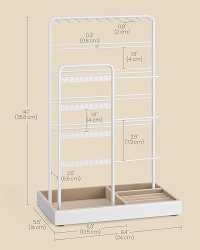SONGMICS Necklace Holder, Jewelry Stand Holder Organizer, Jewelry Display with Metal Frame, Velvet Tray, Earring Bracelet Holder, for Gift Idea, 5.5 x 9.4 x 14.1 inch, Matte White UJJS028W01 | Necklace Earring Bracelet Holder, for Studs, Rings, Gift Idea,