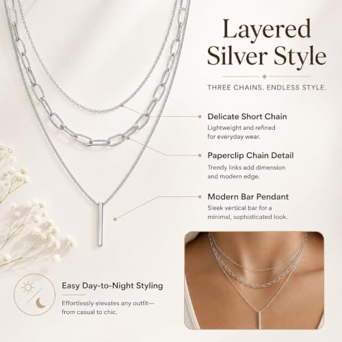 Gold Neklace Stack Dainty Gold Herringbone Necklace for Women Layered Paperclip Chain Necklaces Rhinestone Drop Simple Jewelry Gifts for Women - color: B4：3pcs-silver