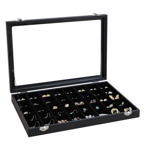 Wudygirl Earring Organizer Leather Jewelry Tray with Lid 13.7"x9.4" Black | 40 Grid Jewelry Organizer with Velvet Liner, Ideal for Jewelry Storage, Dresser Drawer or Gift, Dustproof Design - style: 40 Grid Tray