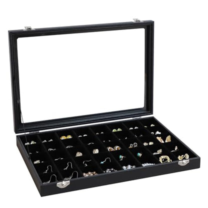 Wudygirl Earring Organizer Leather Jewelry Tray with Lid 13.7"x9.4" Black | 40 Grid Jewelry Organizer with Velvet Liner, Ideal for Jewelry Storage, Dresser Drawer or Gift, Dustproof Design - style: 40 Grid Tray
