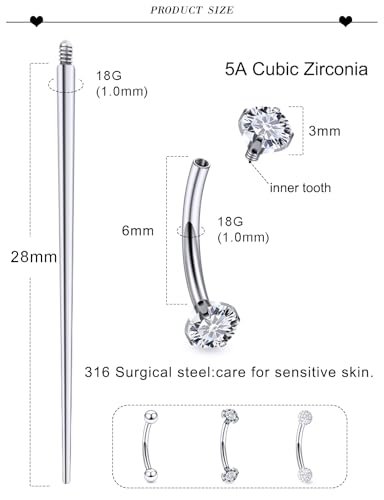 18G 16G 14G Eyebrow Ring Piercing Jewelry Surgical Steel Internal Thread Vertical Labret Lip Ring Rook Daith Earrings Belly Button Ring Piercing Jewelry for Women Men CZ Silver Black Gold - color: Silver, size: 18G, 6mm Length