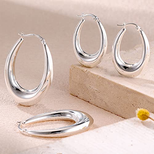 PABBEU Chunky Silver Hoops Earrings for Women Hypoallergenic | Lightweight 925 Sterling Silver Oval Hoop Earring, Sterling Silver Thick Hoop Earrings for Women Gift 25/28/30/38/40mm - color: 38mm Silver