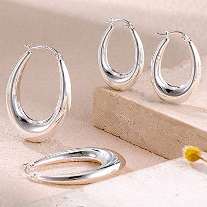 PABBEU Chunky Silver Hoops Earrings for Women Hypoallergenic | Lightweight 925 Sterling Silver Oval Hoop Earring, Sterling Silver Thick Hoop Earrings for Women Gift 25/28/30/38/40mm - color: 40mm Silver