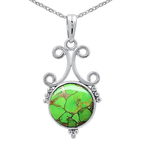 Natural Round Gemstone Pendant Necklace for Women, 925 Sterling Silver | Solitaire Birthstone Jewelry With 18 Inch Chain, Handmade Semi Precious Stone Pendant, Jewelry Gift for Mom, Wife & Sister - color: Green Copper Turquoise