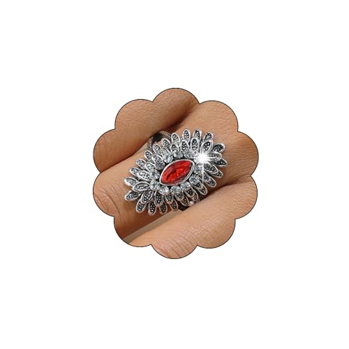 Boho Retro Rhinestone Ring Ethnic Big Flower Crystal Finger Ring Trendy Statement Tribal Indian Dance Costume Ring Jewelry for Women - color: Silver-red