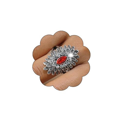 Boho Retro Rhinestone Ring Ethnic Big Flower Crystal Finger Ring Trendy Statement Tribal Indian Dance Costume Ring Jewelry for Women - color: Silver-red